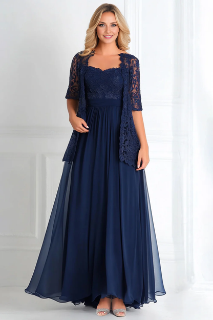 AABEI DRESS Wedding Guests Dresses Mom's Formal Dress Elegant A Line Sweetheart Neckline Two-Piece Set Lace Jacket 3/4 Sleeves Chiffon Long Retro Mother of the Bride Dress