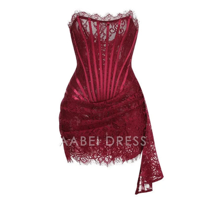 AABEI DRESS New Homecoming Dress Sexy Lace Dress Solid Color Sheer High Waist Elegant Printed Strapless Slim Evening Dress Prom Dress