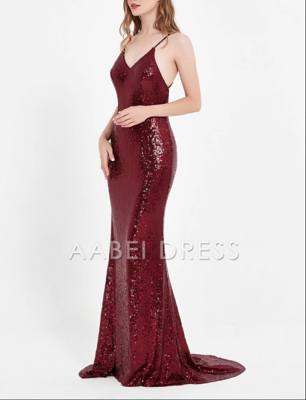 AABEI DRESS Charming Mermaid V Neck Spaghetti Straps Backless Lace up Bodycon Sequin Dress Sweep Train Sparkle Evening Dress