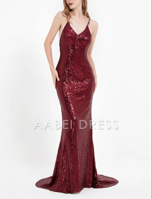 AABEI DRESS Charming Mermaid V Neck Spaghetti Straps Backless Lace up Bodycon Sequin Dress Sweep Train Sparkle Evening Dress