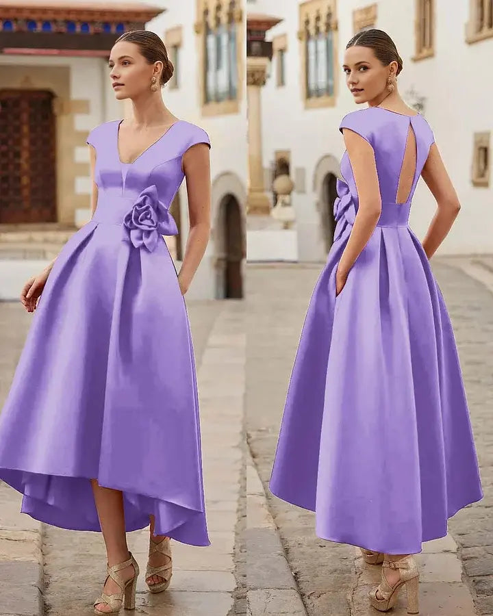 Elegant Formal Women's Dresses A Line V Neck Cap Sleeve Three-Dimensional Flower Hi-Lo Irregular hem Keyhole Back Affordable Prom Dress