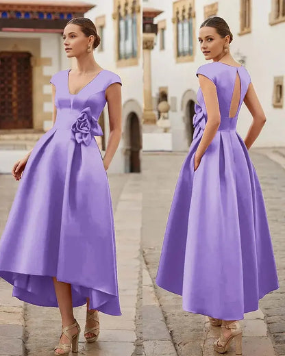 Elegant Formal Women's Dresses A Line V Neck Cap Sleeve Three-Dimensional Flower Hi-Lo Irregular hem Keyhole Back Affordable Prom Dress