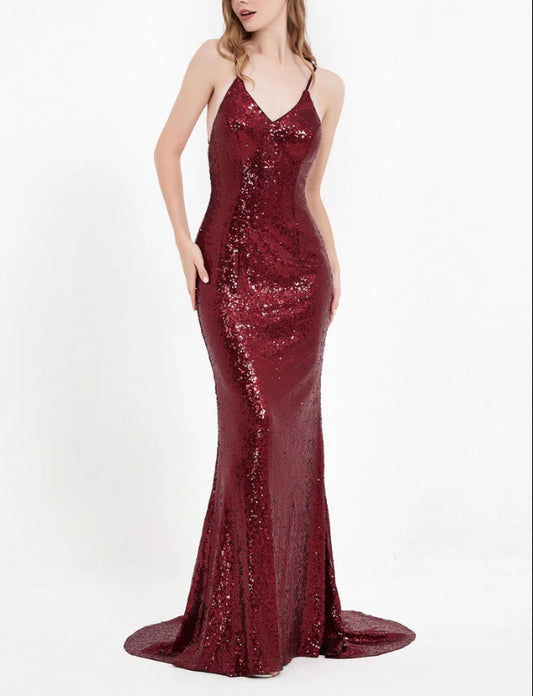 AABEI DRESS Charming Mermaid V Neck Spaghetti Straps Backless Lace up Bodycon Sequin Dress Sweep Train Sparkle Evening Dress