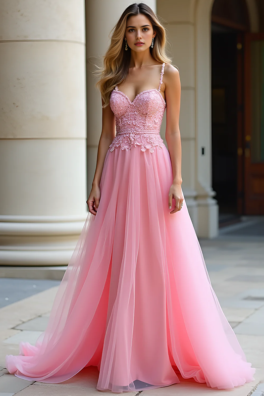 Romantic Pink Tulle Lace Applique A Line Spaghetti Strap Sweetheart Neckline Backless Long Formal Dress Hot Sale Evening Dresses