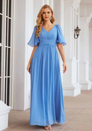 Elegant Wedding Guest Dresses Nice Blue Chiffon A-line V Neck Flutter Short Sleeve Pleated Bargain Floor Length Mother of the Bride Dress