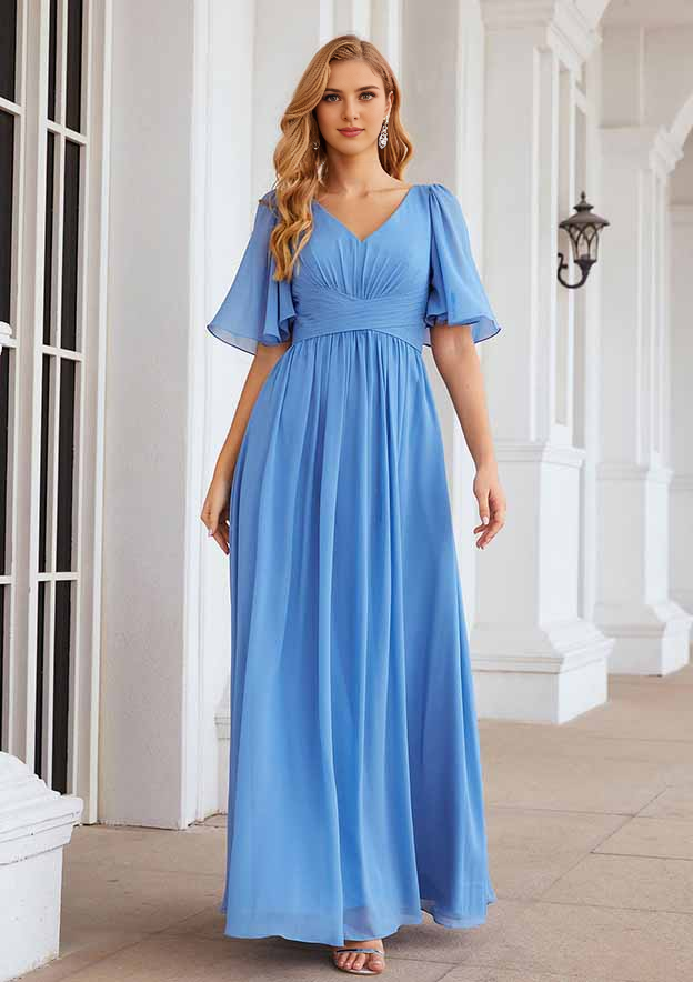 Elegant Wedding Guest Dresses Nice Blue Chiffon A-line V Neck Flutter Short Sleeve Pleated Bargain Floor Length Mother of the Bride Dress