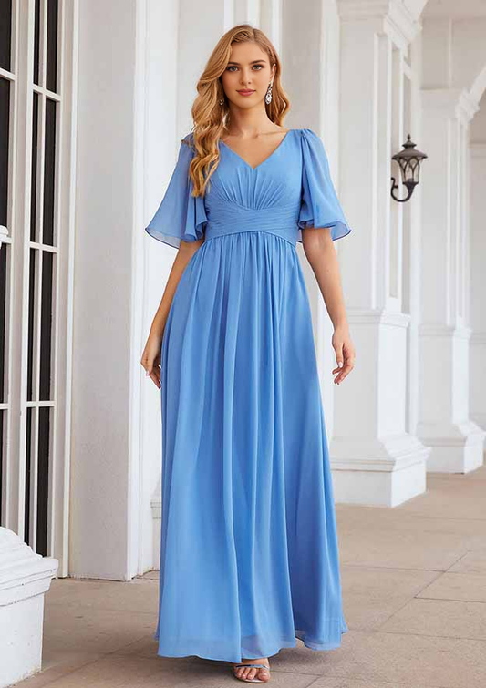Sky Blue Chiffon A-Line V-Neck Back Zip Floor-Length Dress
