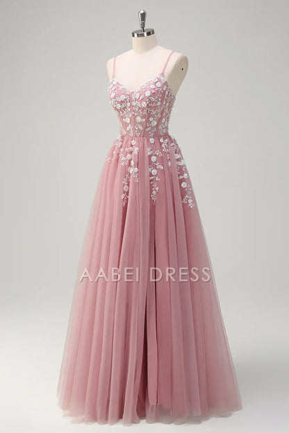 AABEI DRESS Hot Sale Prom Dress Exquisite A-Line Spaghetti Straps Floral Backless With Slit Youthful Long Party Dress
