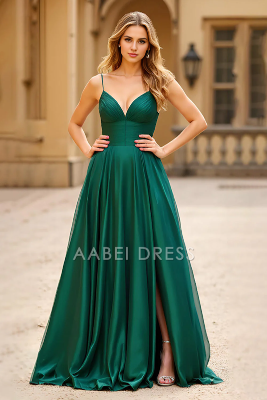 AABEI DRESS Hot Sale Prom Dress Exquisite A Line Spaghetti Straps Pleated Backless Long Satin With Slit Formal Dress