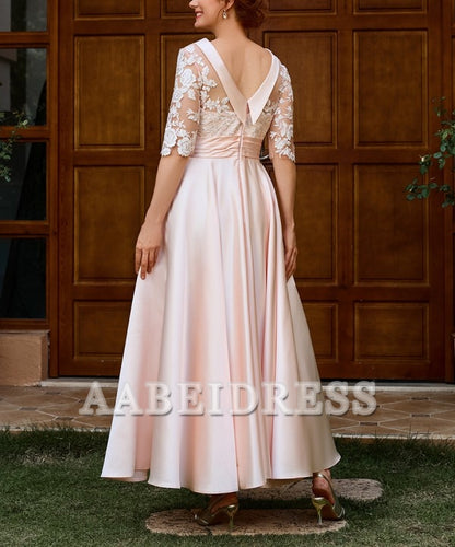 AABEI DRESS Mother of the Bride Dress A-Line Appliques Lace Ankle-Length Satin 1/2 Sleeves Elegant Dignified Dress Wedding Guests Dresses