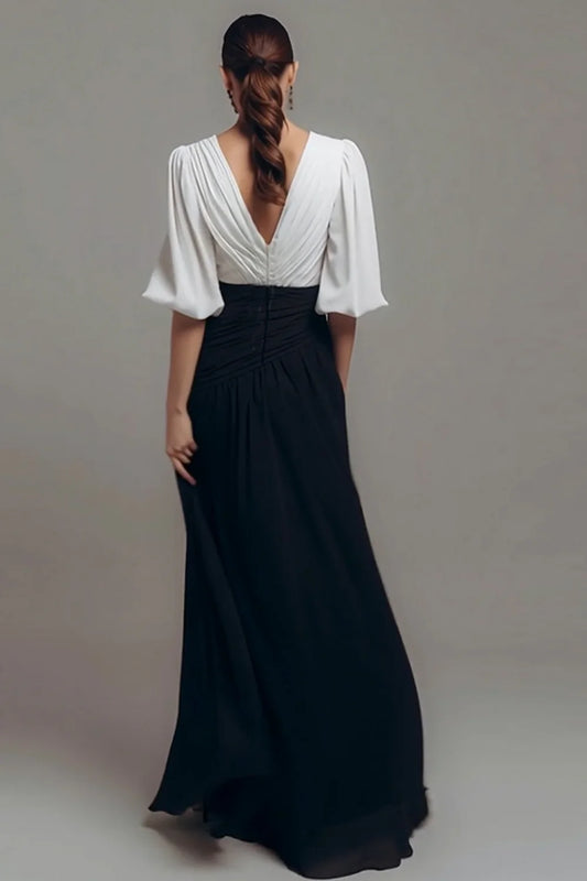 Wedding Guest Dress Black and White Chiffon Sheath V-Neck Half Sleeve Pleated V Back Elegant Long Mother of the Bride Dress