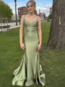 Sage Mermaid Spaghetti Straps V Neck Lace Appliques Backless Exquisite Wedding Guest Dress Long Hot Sale Prom Dresses
