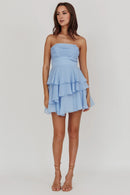 Fashion Blue A Line Strapless Pleated Corset Layering Ruffle Backless Mini Dress Hot Sale Homecoming Dress