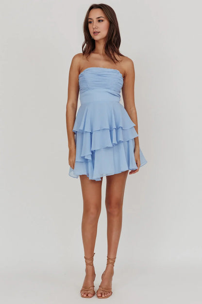 Fashion Blue A Line Strapless Pleated Corset Layering Ruffle Backless Mini Dress Hot Sale Homecoming Dress