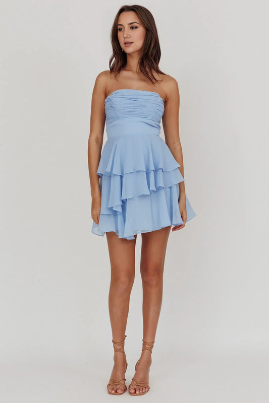 Fashion Blue A Line Strapless Pleated Corset Layering Ruffle Backless Mini Dress Hot Sale Homecoming Dress