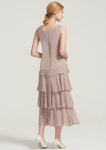 Fashion Wedding Guest Dresses Chiffon A-line Scoop Neck Sleeveless With Long Sleeves Jacket Lace Appliqued Layered Ruffles Tea-Length Bargain Mother of the Bride Dress