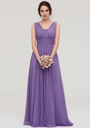 Purple Chiffon A Line Scalloped Neck Sleeveless With Pleated Affordable Floor-Length Bridesmaid Dress