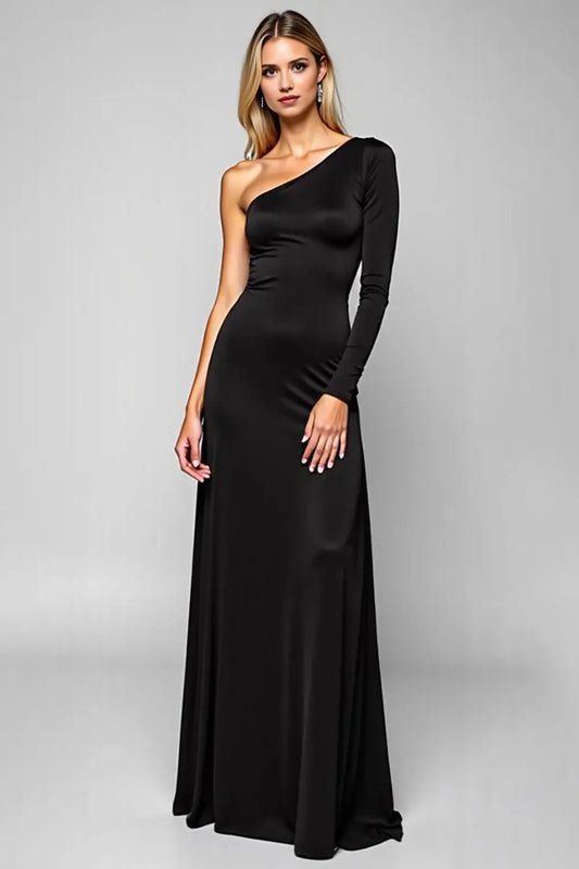 Simple Black Satin Sheath One Shoulder Long Sleeves Long Formal Dress Temperament Evening Dresses