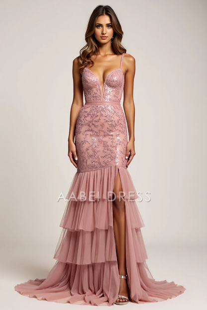 AABEI DRESS Hot Sale Prom Dress Fashion Sheath Spaghetti Strap Deep V-Neck Tiered Backless With Silt Long Formal Dress