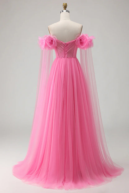 Romantic Prom Dress Hot Pink Tulle A Line Off the Shoulder Sweetheart Neckline with 3D Flowers Sleeveless Ruched Backless Bargain Long Wedding Guest Dress