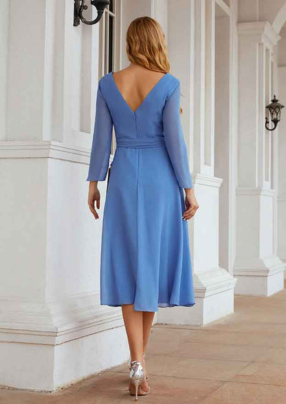 Elegant Simple Wedding Guest Dresses Blue Chiffon A-line V Neck Long Sleeve V Back With Pleated Waistband Tea-Length Bargain Mother of the Bride Dress