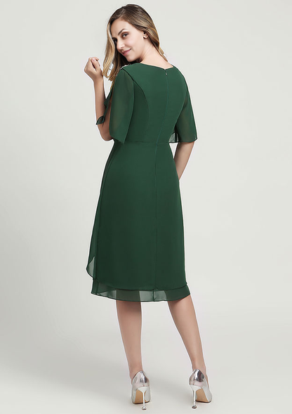 Elegant Wedding Guest Dresses Dark Green Chiffon Sheath/Column Scoop Neck Short Sleeve With Beading Ruffles Knee-Length Bargain Mother of the Bride Dress