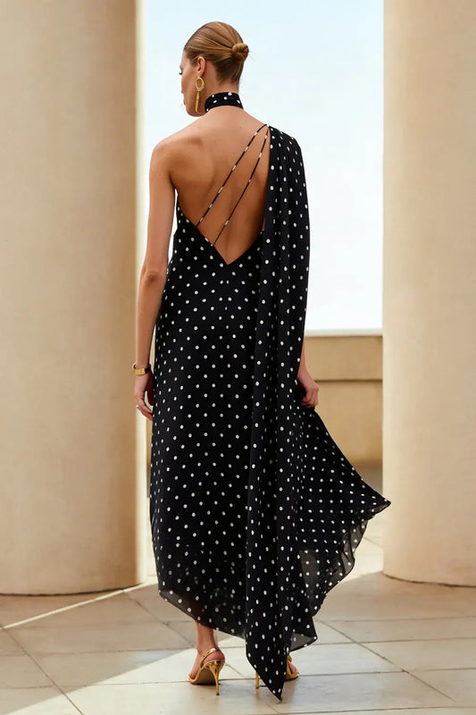 Chic Prom Dress Black White Polka Dots Sheath/Column One Shoulder Sleeveless Backless Bargain Long Wedding Guest Dress