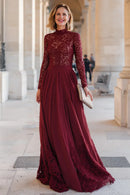 Elegant Burgundy Chiffon A-Line High Neck Long Sleeves Lace Retro Long Wedding Guest Dress For Women New Style Mother of the Bride Dress