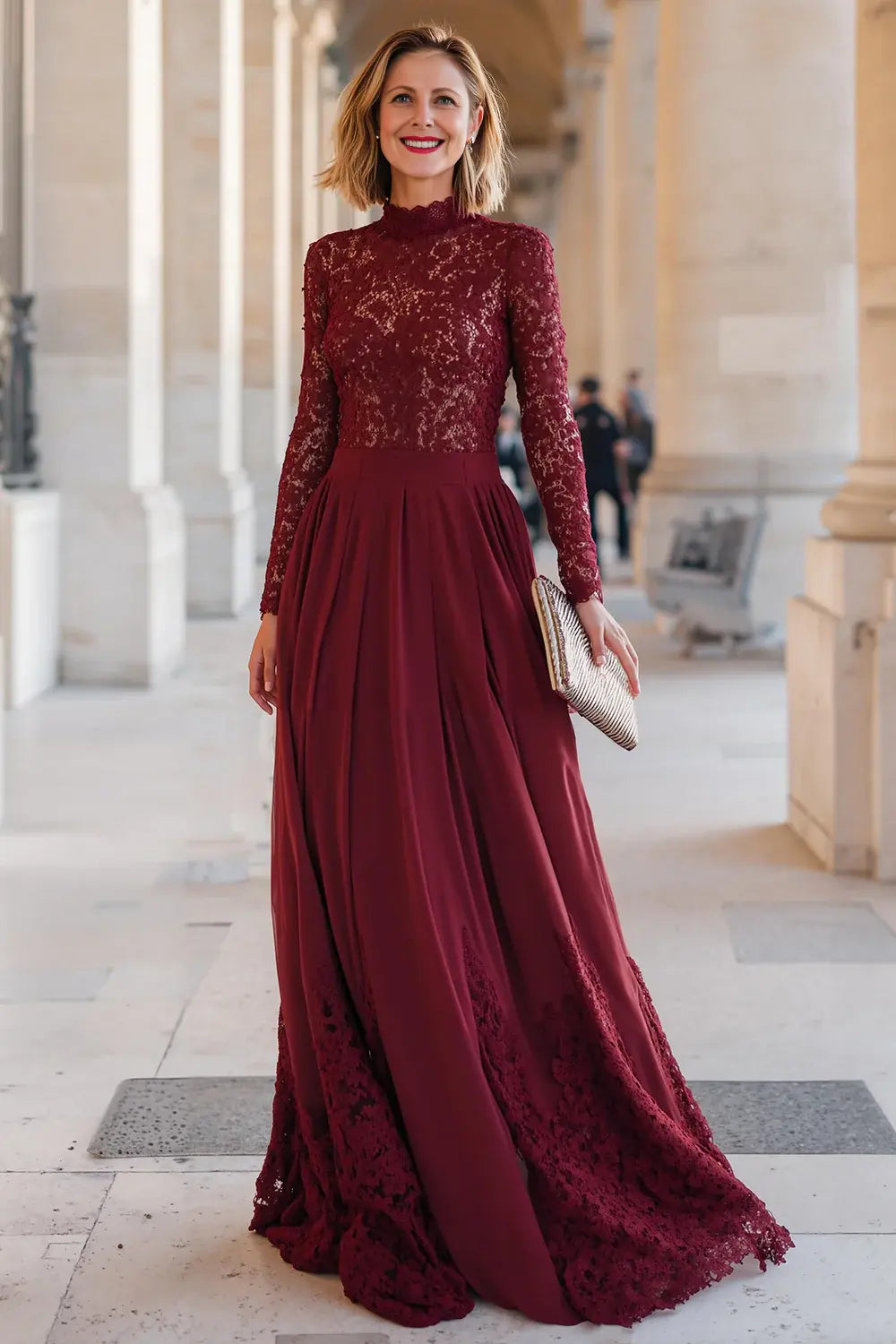 Elegant Burgundy Chiffon A-Line High Neck Long Sleeves Lace Retro Long Wedding Guest Dress For Women New Style Mother of the Bride Dress