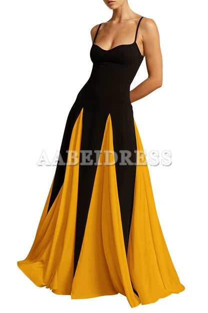 Prom Dress A Line Elegant Sleeveless Color Block Pleated Maxi Dress Low Cut Patchwork Swing Dress High Waist Flowy Sling Dress Wedding Guest Dresses Formal Wear Dresses