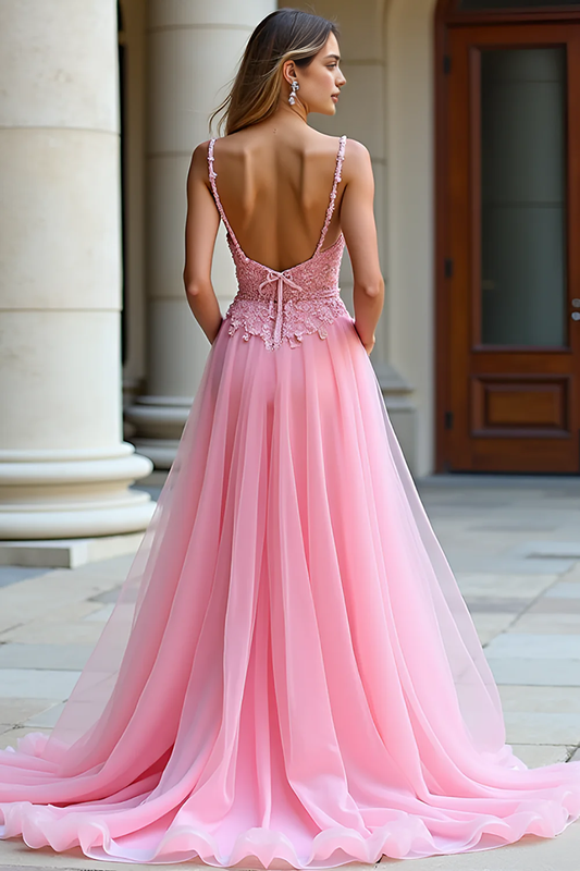 Romantic Pink Tulle Lace Applique A Line Spaghetti Strap Sweetheart Neckline Backless Long Formal Dress Hot Sale Evening Dresses