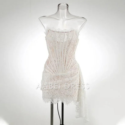 AABEI DRESS New Homecoming Dress Sexy Lace Dress Solid Color Sheer High Waist Elegant Printed Strapless Slim Evening Dress Prom Dress