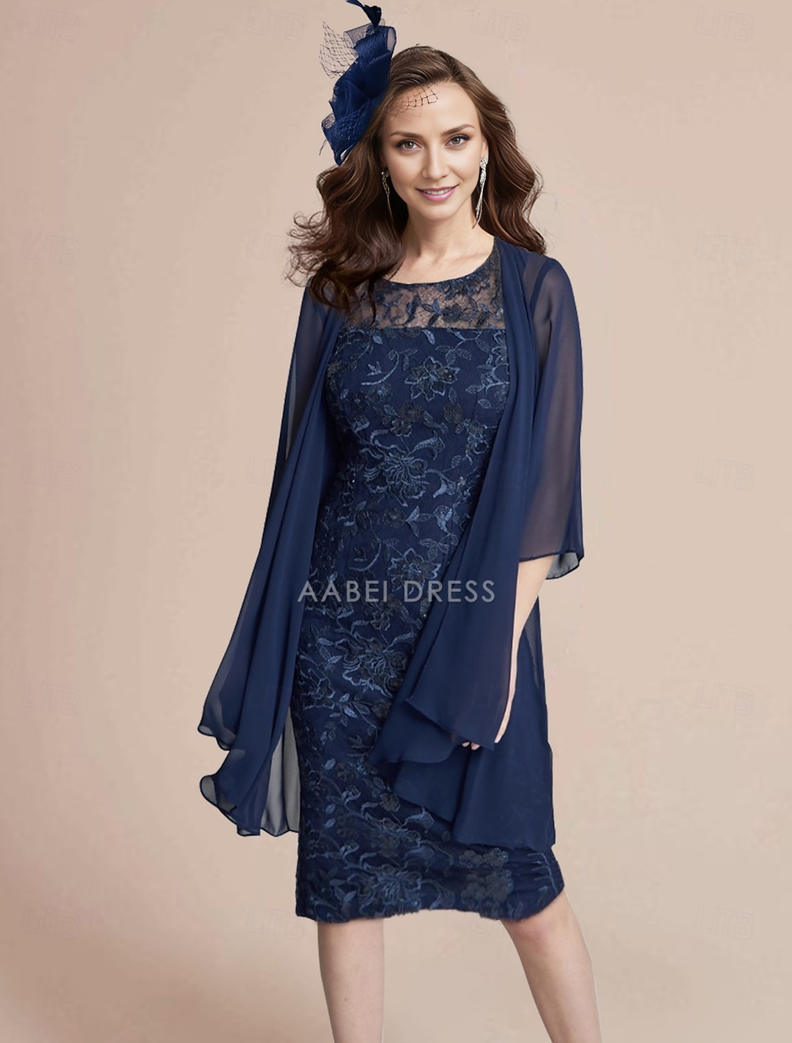 AABEI DRESS Wedding Guest Dress Elegant Two Piece Sheath Jewel Neck 3/4 Length Sleeve Knee Length Lace Wrap Included Jacket Dresses Retro Mother of the Bride Dress