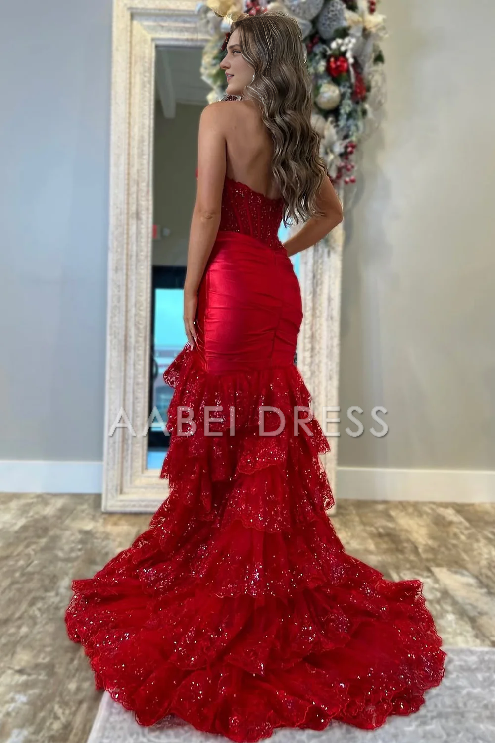 AABEI DRESS Prom Dress Glitter Mermaid Strapless Long Tiered Layering Sequin Side Fork Luxurious Formal Dress