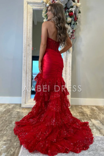 AABEI DRESS Prom Dress Glitter Mermaid Strapless Long Tiered Layering Sequin Side Fork Luxurious Formal Dress