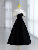 Black Velvet A-Line Off-the-Shoulder Zipper Back Tea-Length Dress