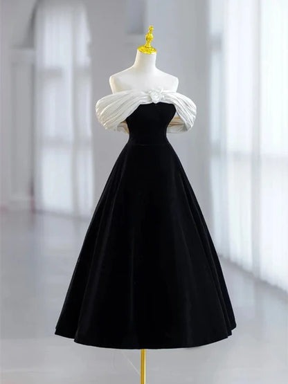 Black Velvet A-Line Off-the-Shoulder Zipper Back Tea-Length Dress