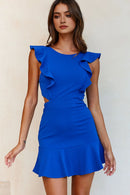 Elegant Sheath Round Neck Wide Ruffle Strap Sleeveless Hem Pinafore Backless Dress Blue Mini Dress Hot Sale Homecoming Dress