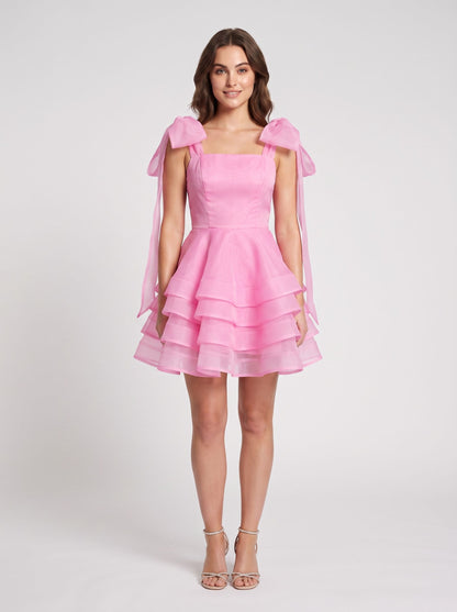 Pink Organza A-Line Square Neck Back Zip Short Dress