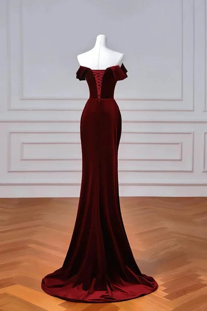Luxury Mermaid Off Shoulder Short Sleeve Lace Up Train Bridesmaid Gown
