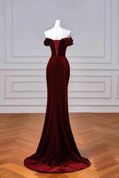 Luxury Mermaid Off Shoulder Short Sleeve Lace Up Train Bridesmaid Gown