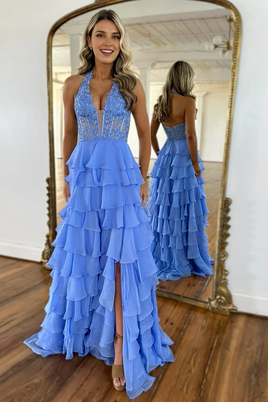 AABEI DRESS Prom Dress A-Line Halter Neck Lace Top Tiered Chiffon With Slit Long Exquisite Formal Dress