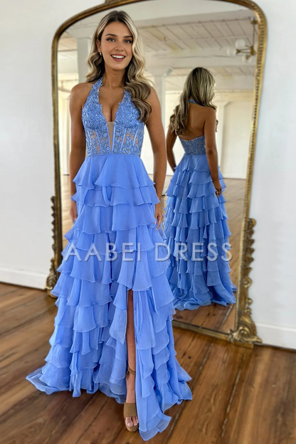 AABEI DRESS Prom Dress A-Line Halter Neck Lace Top Tiered Chiffon With Slit Long Exquisite Formal Dress