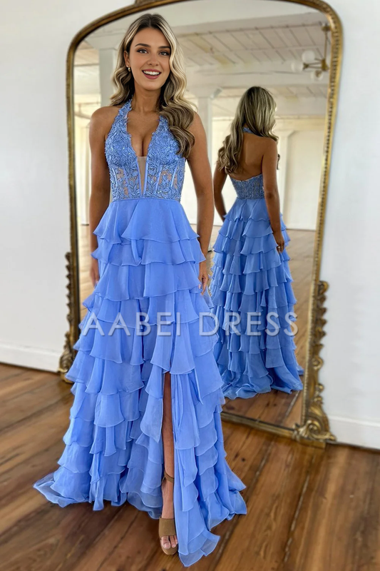 AABEI DRESS Prom Dress A-Line Halter Neck Lace Top Tiered Chiffon With Slit Long Exquisite Formal Dress