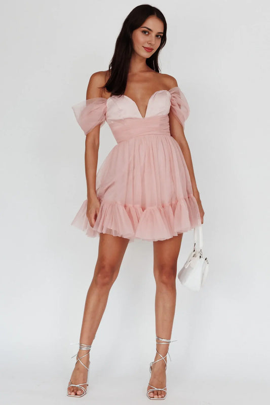 Fantastic A Line Off-Shoulder Deep V Neck Lace-Up Backless Ruched Dress Pink Cute Mini Dress Hot Sale Homecoming Dress