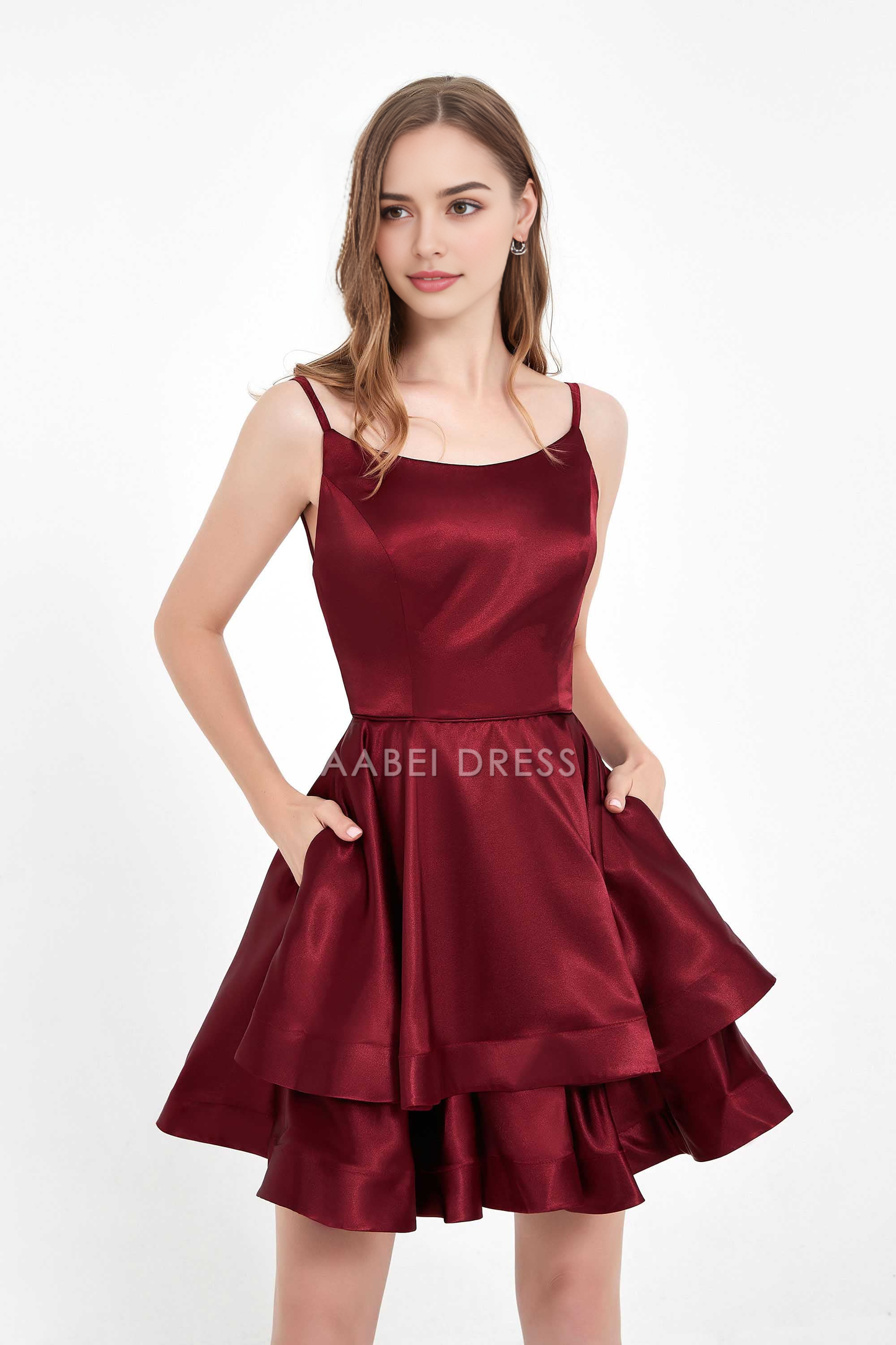 AABEI DRESS Short Dress Fashion A Line Round Neck Spaghetti Straps Backless Double-Layer Ruched Simple New Homecoming Dress