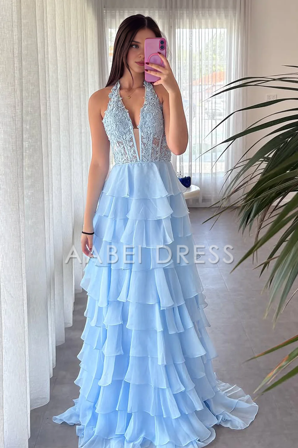 AABEI DRESS Prom Dress A-Line Halter Neck Lace Top Tiered Chiffon With Slit Long Exquisite Formal Dress
