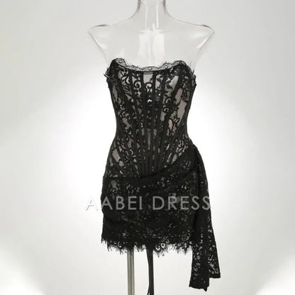 AABEI DRESS New Homecoming Dress Sexy Lace Dress Solid Color Sheer High Waist Elegant Printed Strapless Slim Evening Dress Prom Dress