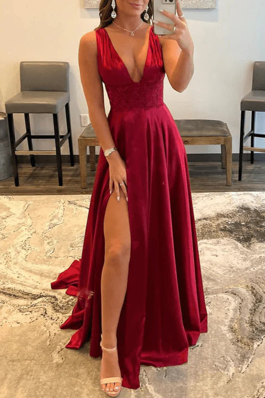Evening Dress Deep V Neck Lace Long Prom Dress Backless High Fork Temperament Formal Women's Dresses