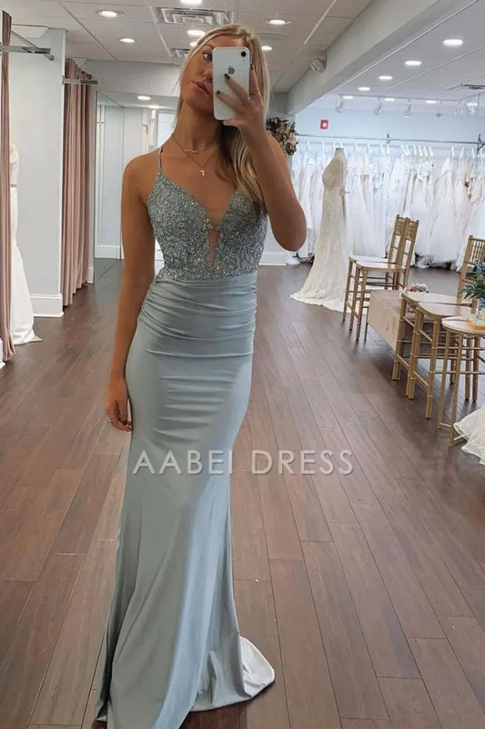 AABEI DRESS Hot Sale Prom Dress Exquisite Mermaid Spaghetti Straps Backless Lace Up Long Glitter Formal Dress
